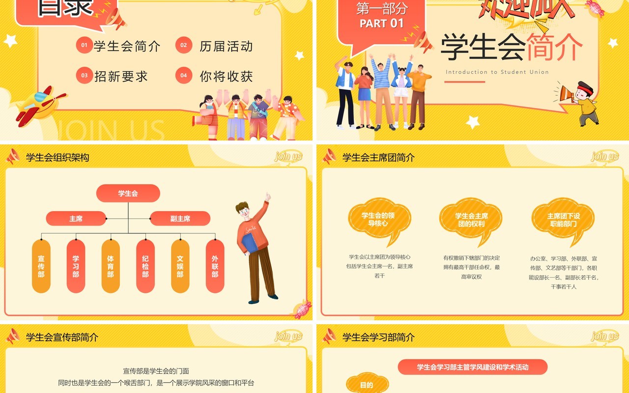 黄色卡通风学生会社团招新PPT模板