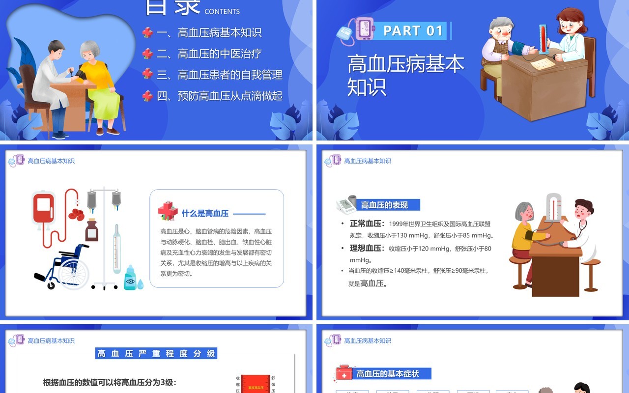蓝色插画风全国高血压日PPT模板