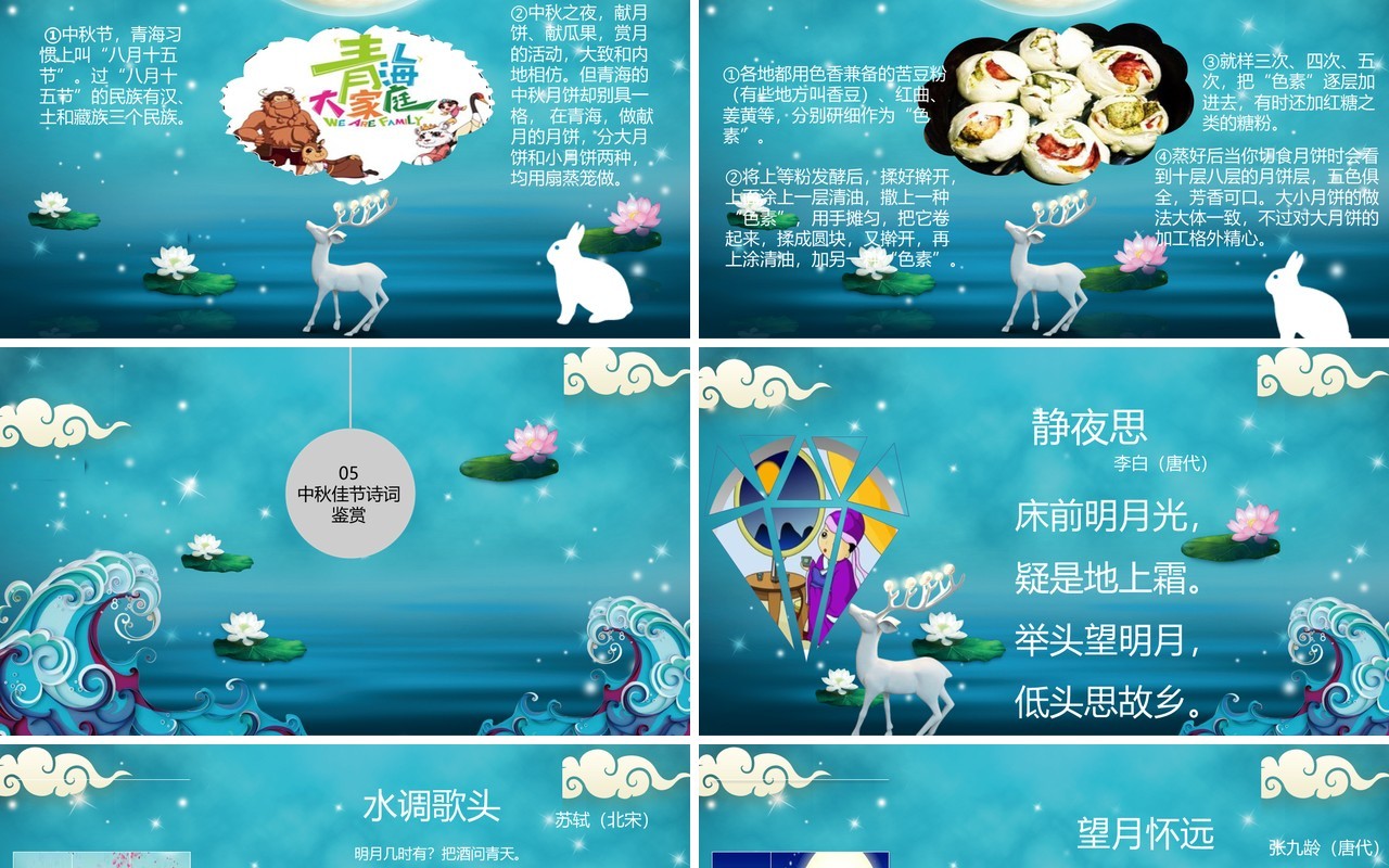 蓝色中秋快乐节日课件介绍PPT模板