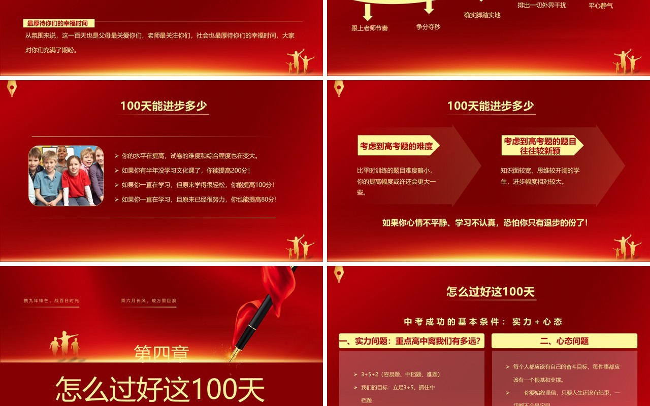 红色简约风中考冲刺一百天主题班会PPT模板