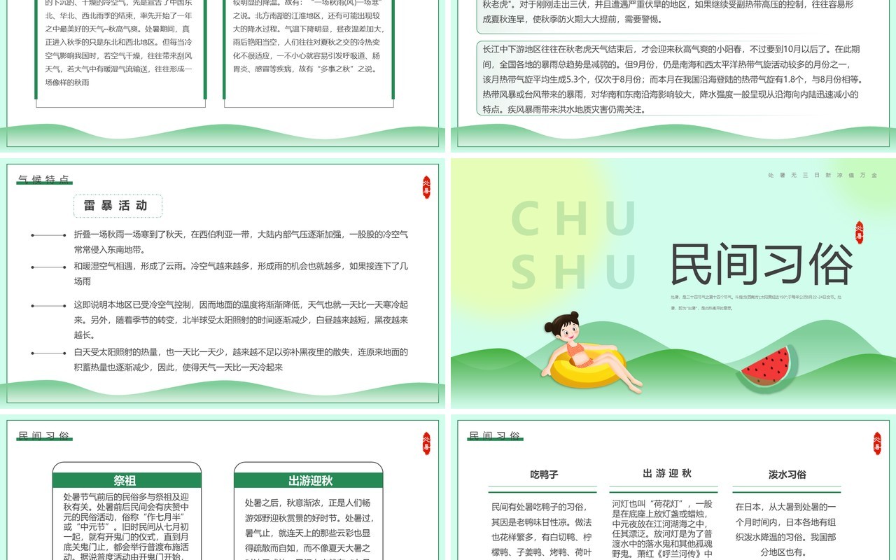 绿色卡通风传统二十四节气之处暑介绍PPT模板