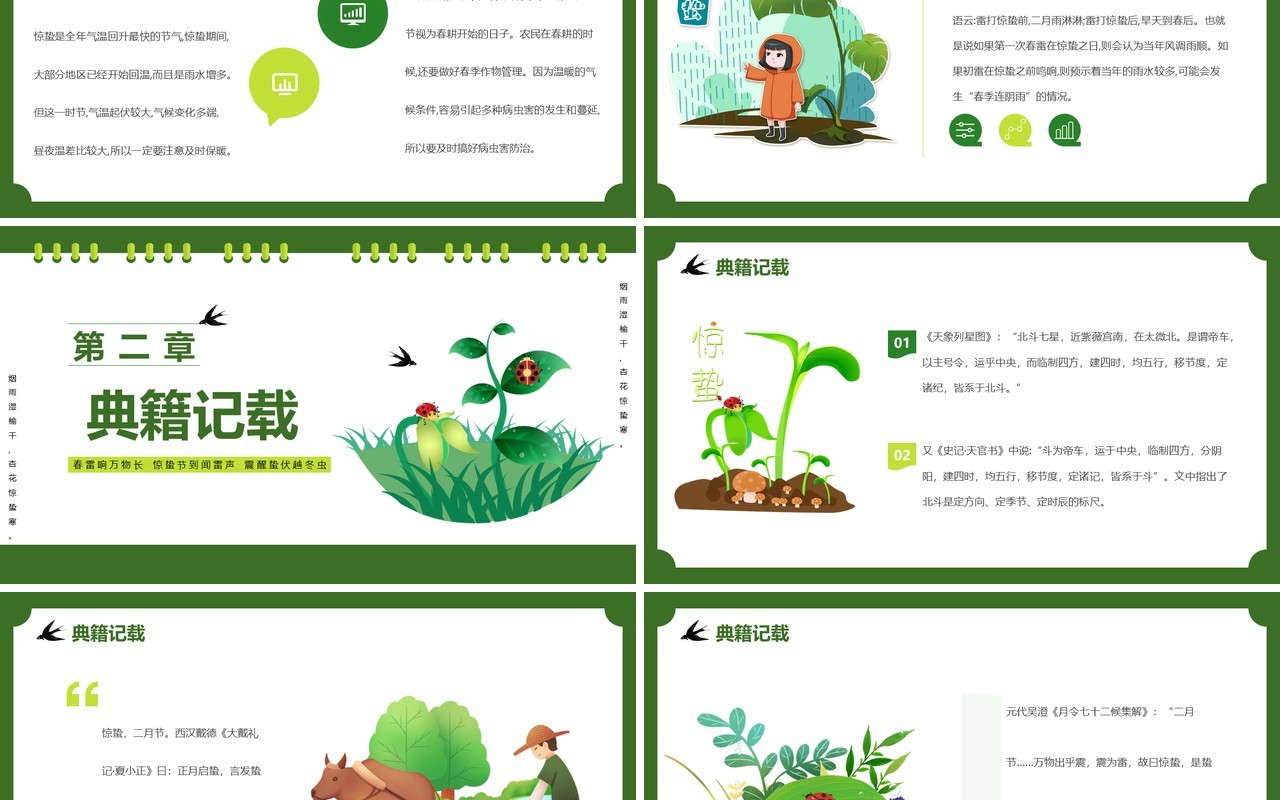 绿色简约卡通风传统二十四节气之惊蛰PPT模板