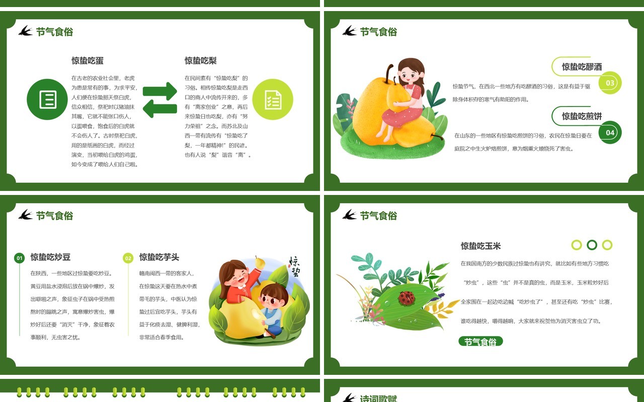 绿色简约卡通风传统二十四节气之惊蛰PPT模板