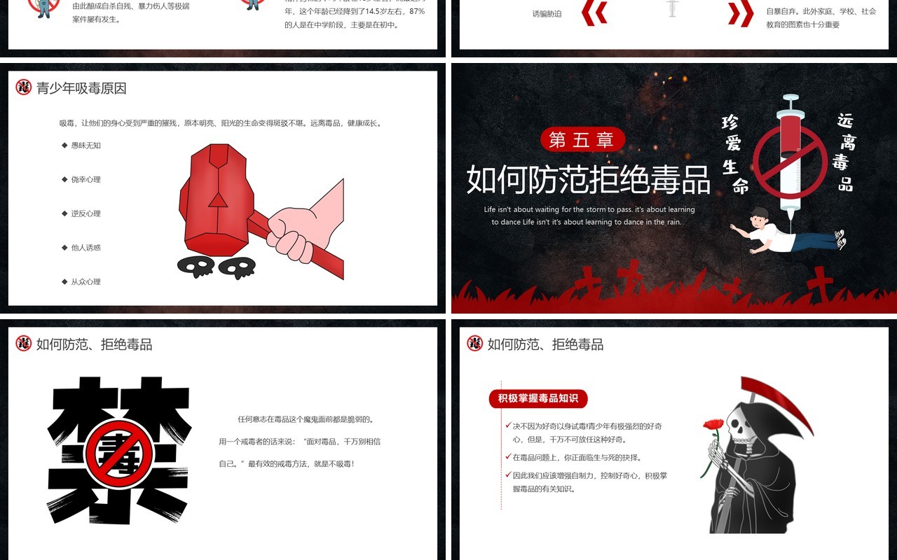 黑色简约风禁毒日主题班会PPT模板