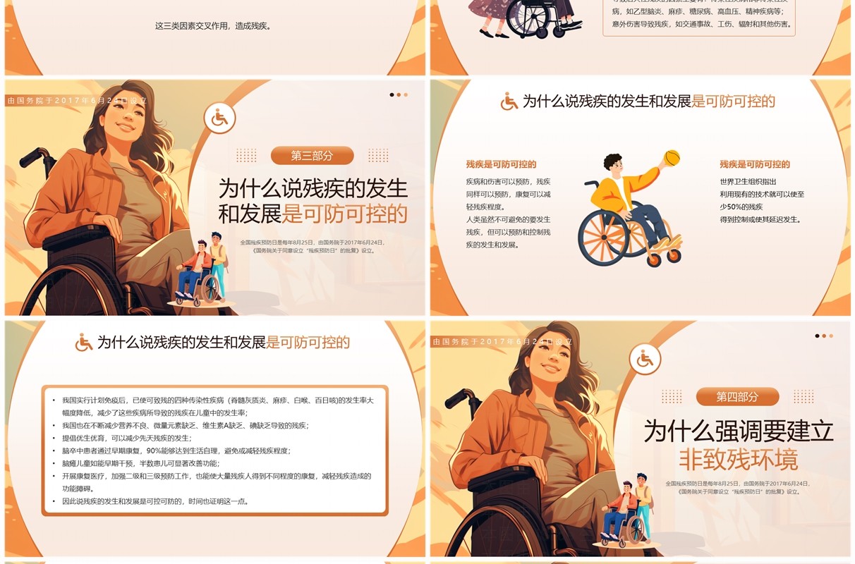 橙色插画风全国残疾预防日PPT模板