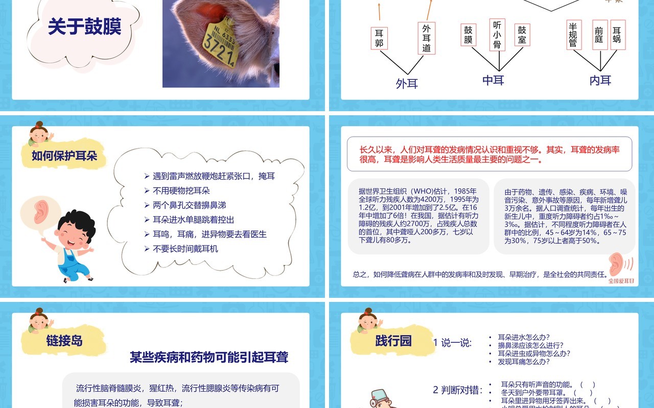 蓝色卡通风全国爱耳日主题教育PPT模板