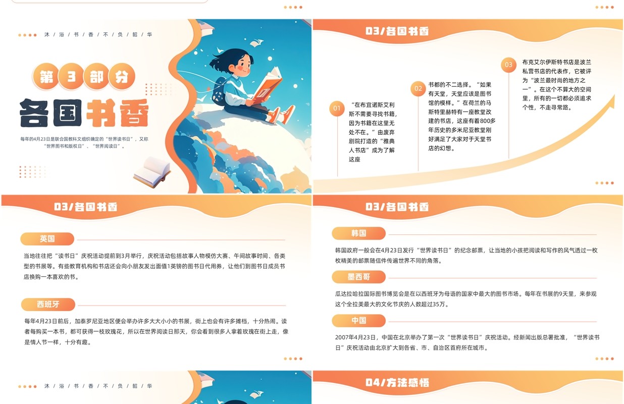 橙色插画风世界读书日介绍PPT模板
