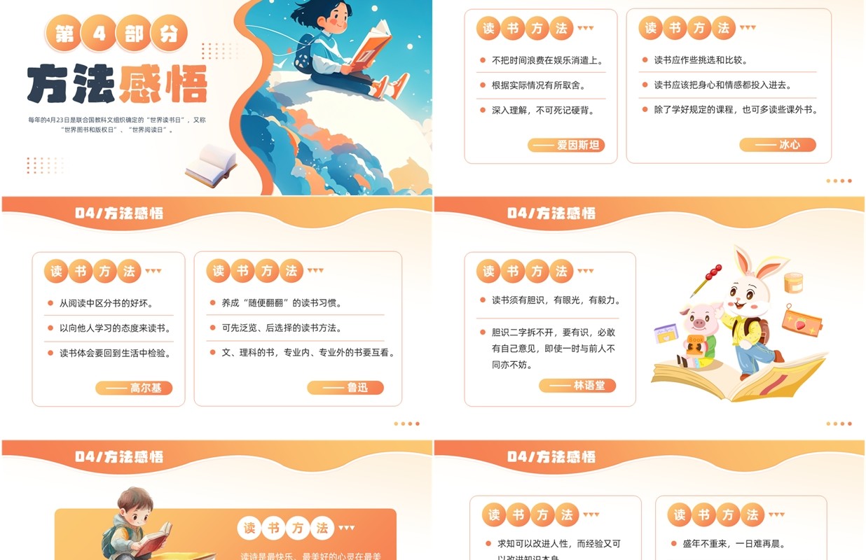 橙色插画风世界读书日介绍PPT模板