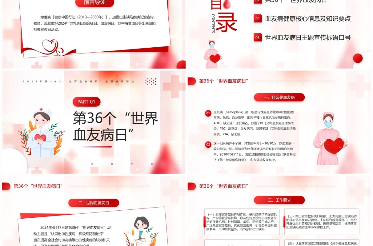 红色简约风世界血友病日主题宣传PPT模板