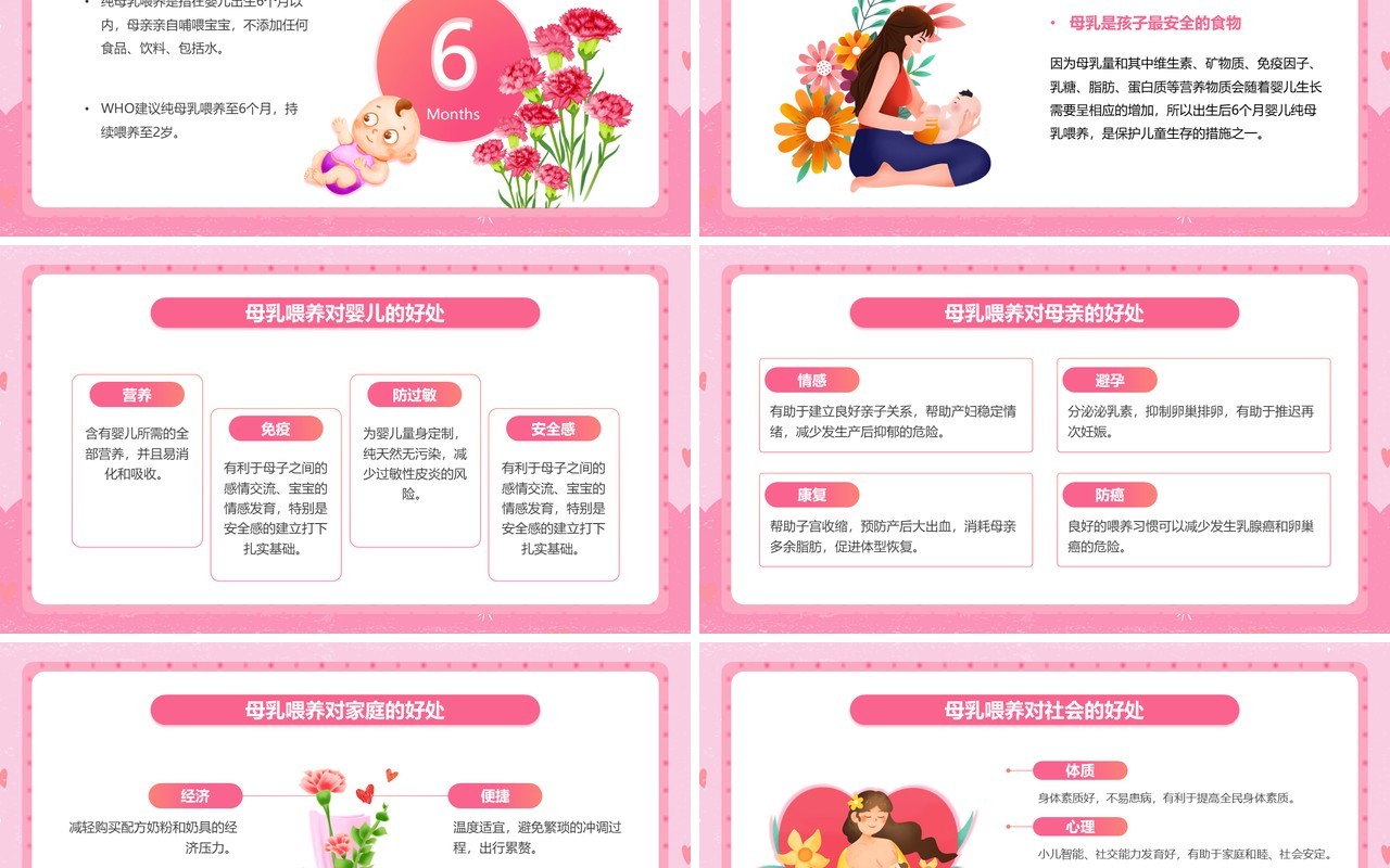 粉色卡通风新生儿母乳喂养知识PPT模板
