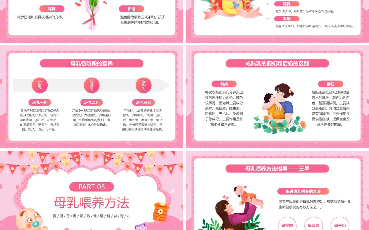 粉色卡通风新生儿母乳喂养知识PPT模板