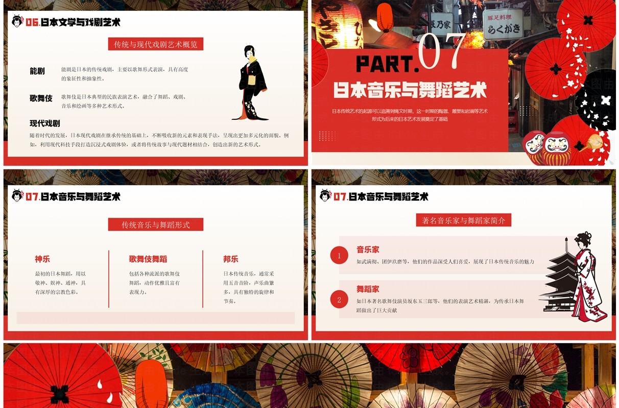 红色简约风日本人文艺术欣赏PPT模板