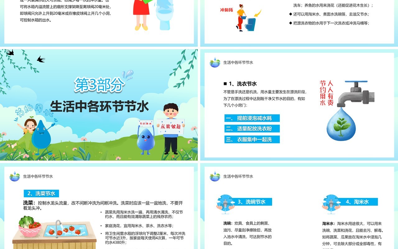 蓝绿色卡通节约用水主题教育班会PPT模板
