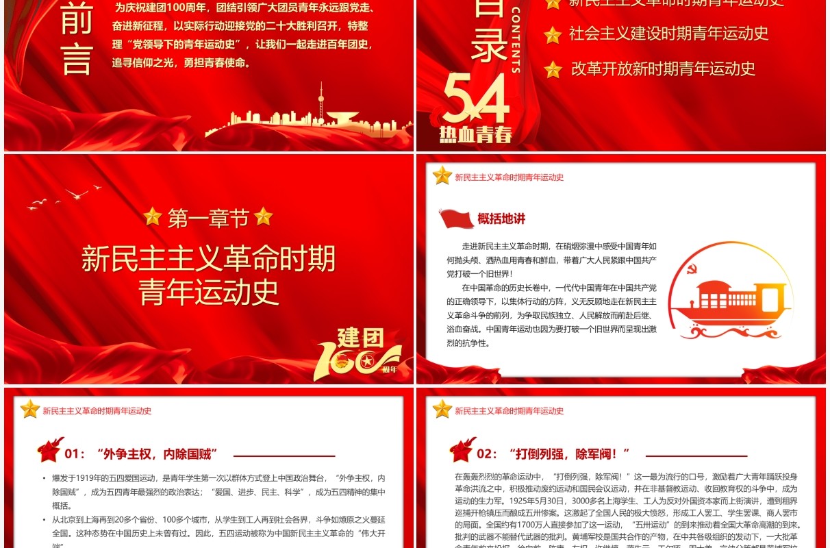 红色简约五四青年节中国青年运动史PPT模板