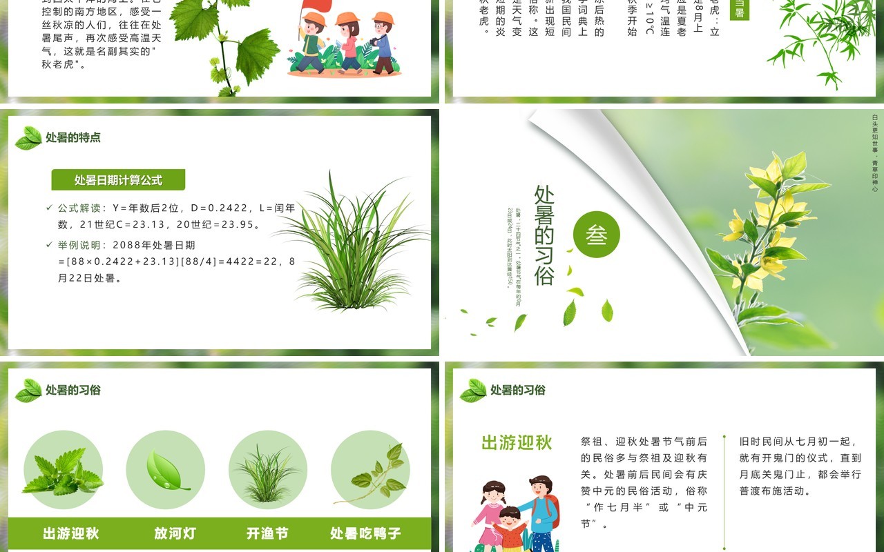 绿色小清新中国传统节日二十四节气处暑节日介绍PPT模板