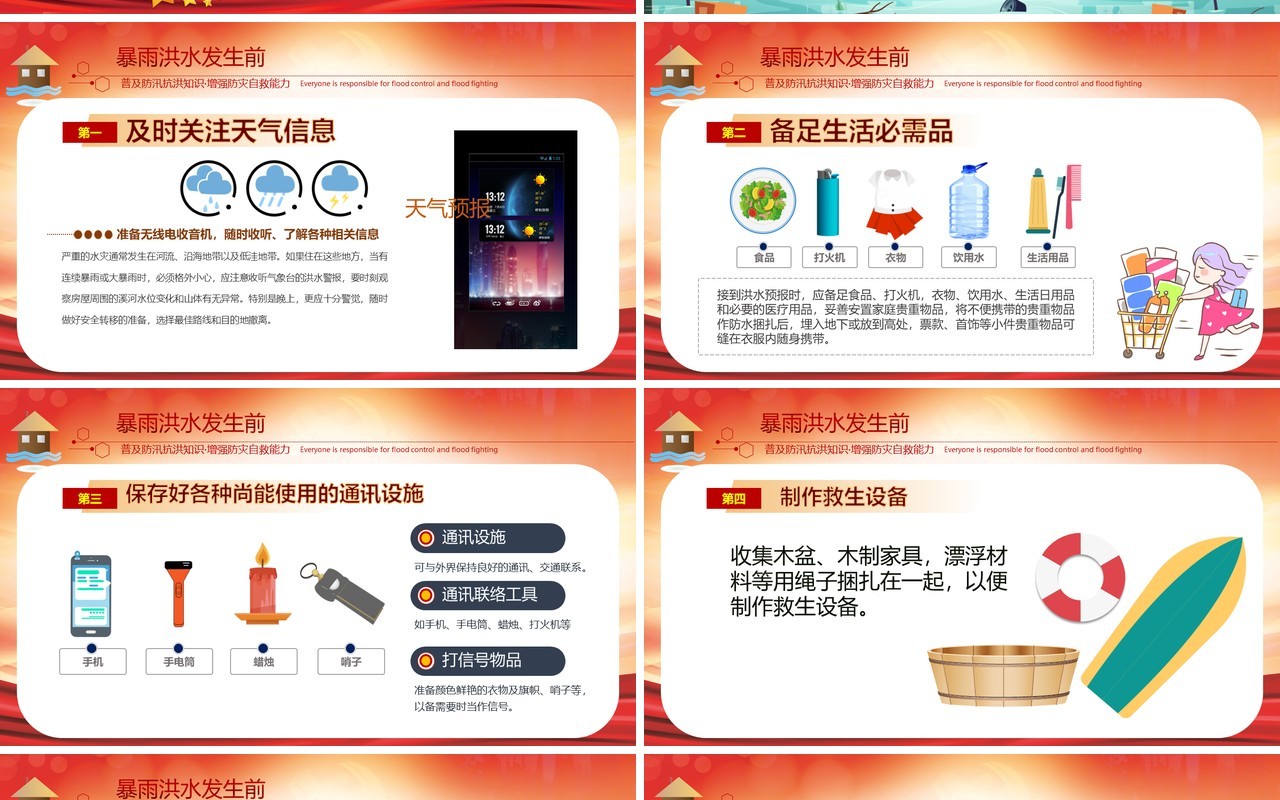 红色汛期抗洪救灾自救知识培训课件PPT模板