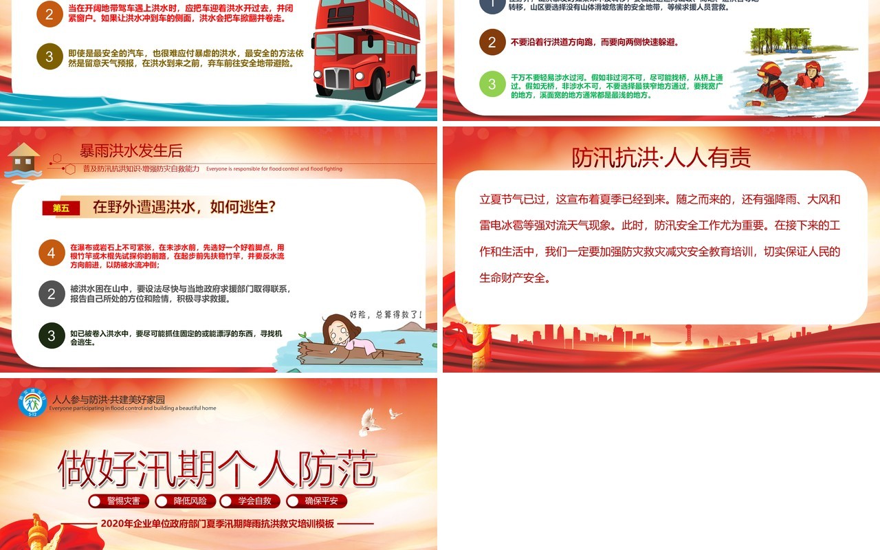 红色汛期抗洪救灾自救知识培训课件PPT模板