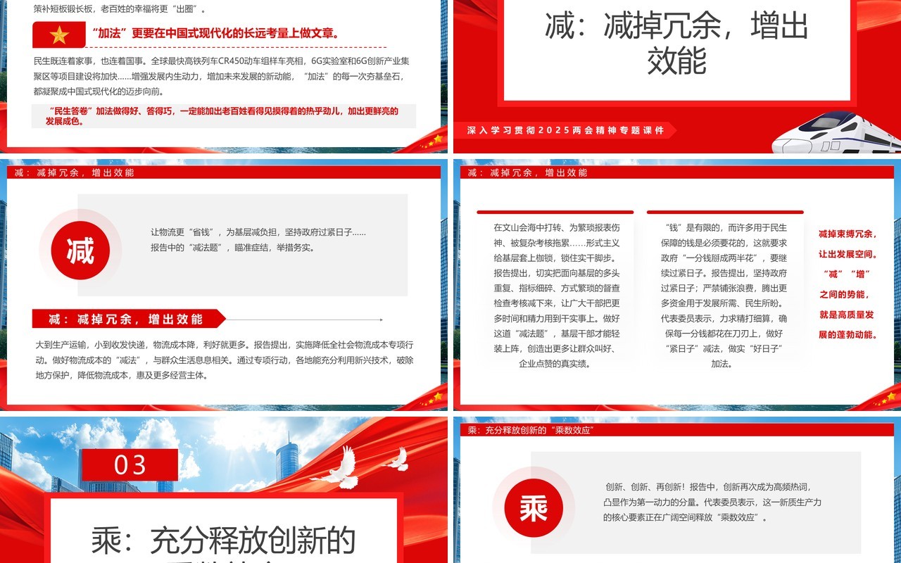 红色简约风政府工作报告里的加减乘除PPT模板