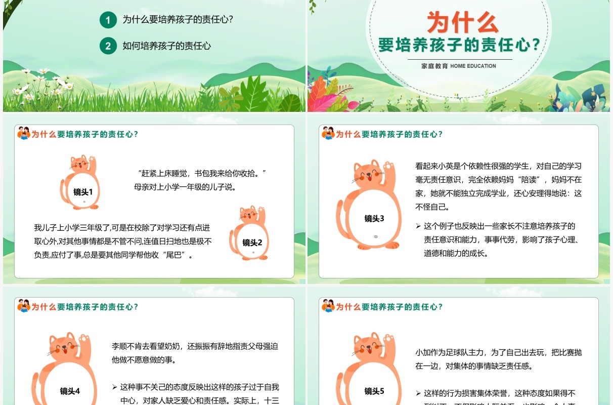 绿色卡通家庭教育如何培养孩子的责任心PPT模板