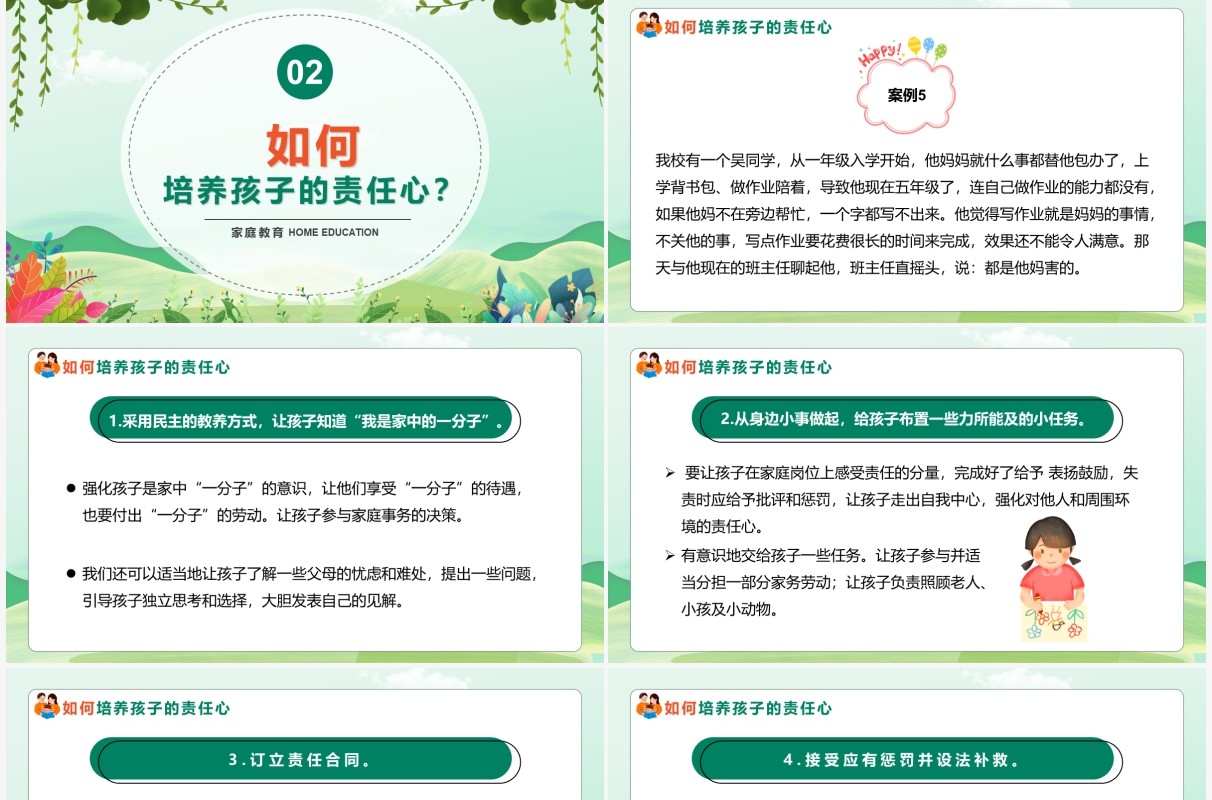 绿色卡通家庭教育如何培养孩子的责任心PPT模板
