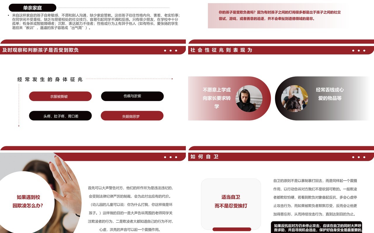 红色简约如何应对校园欺凌和暴力PPT模板