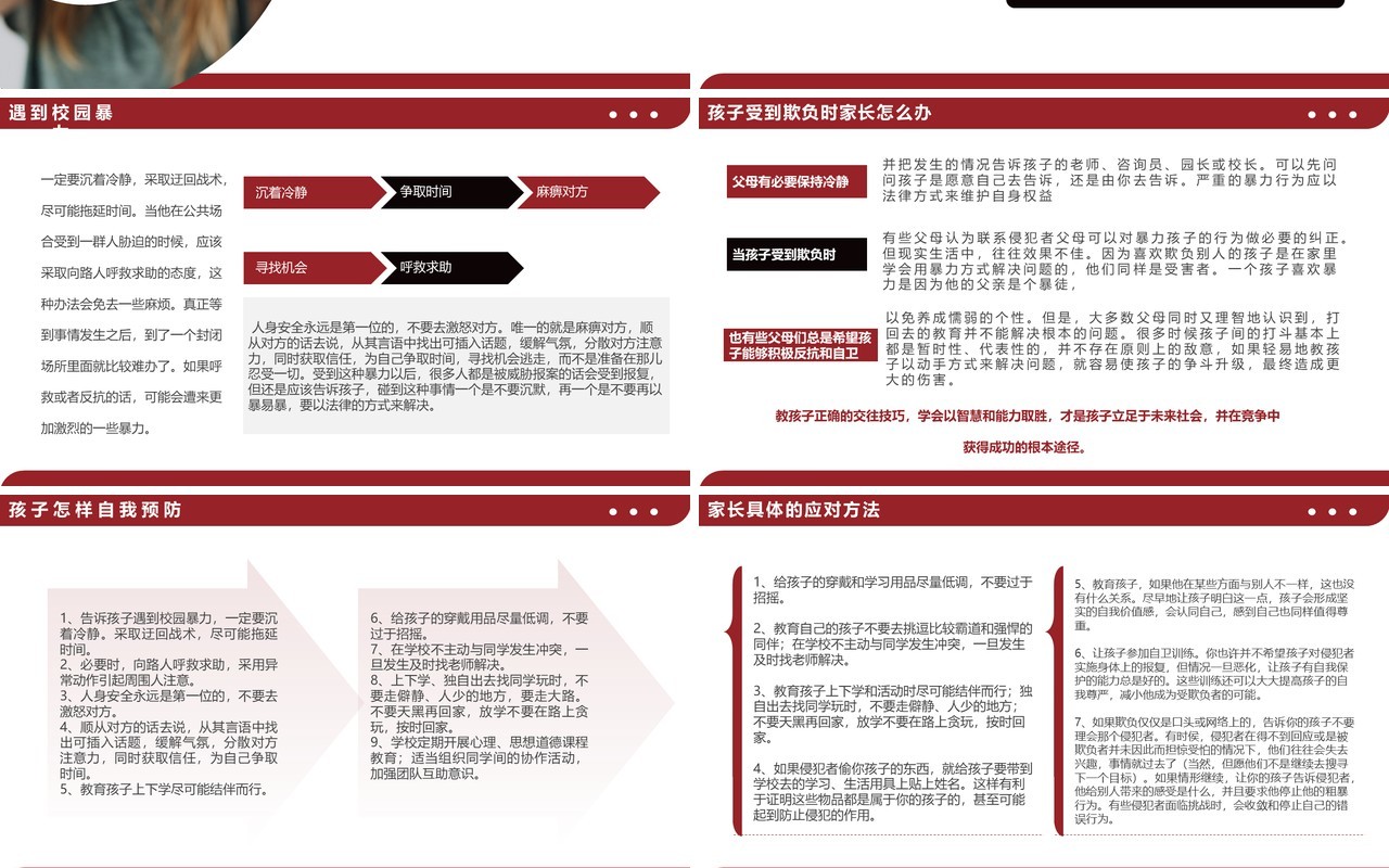 红色简约如何应对校园欺凌和暴力PPT模板