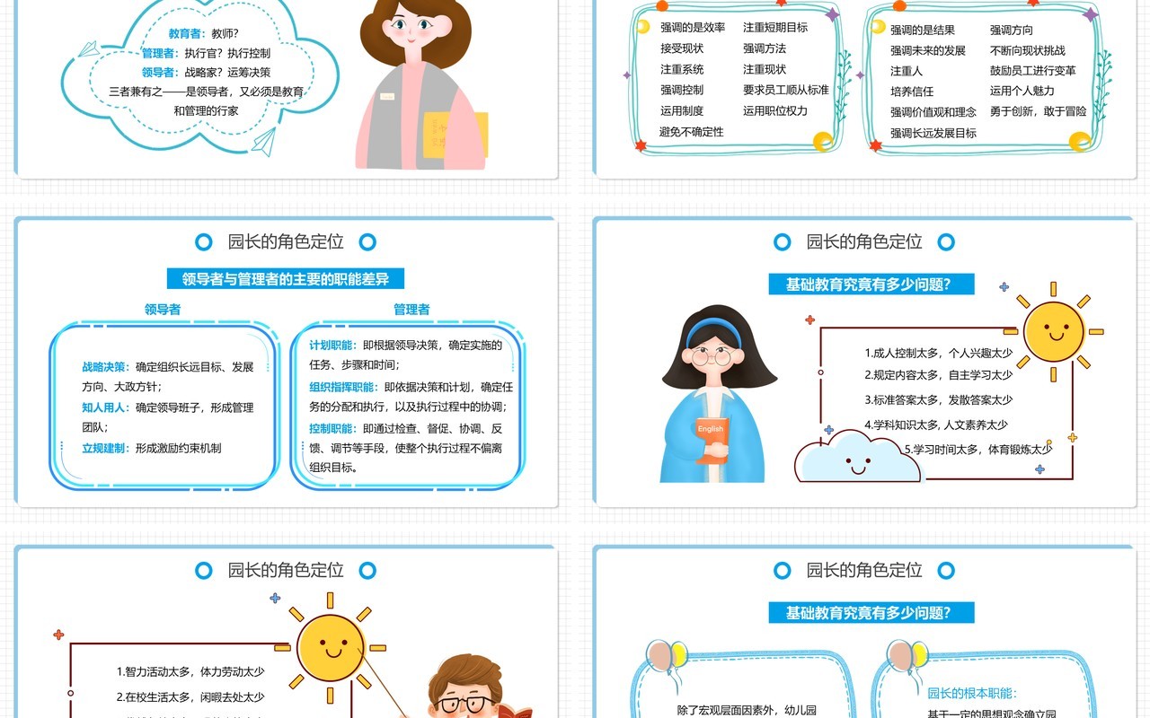 蓝色卡通幼儿园园长的使命与素养动态PPT模板