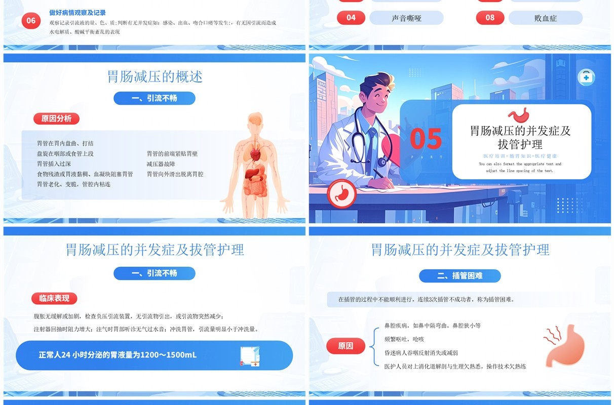 蓝色插画风胃肠减压的护理医学培训PPT模板