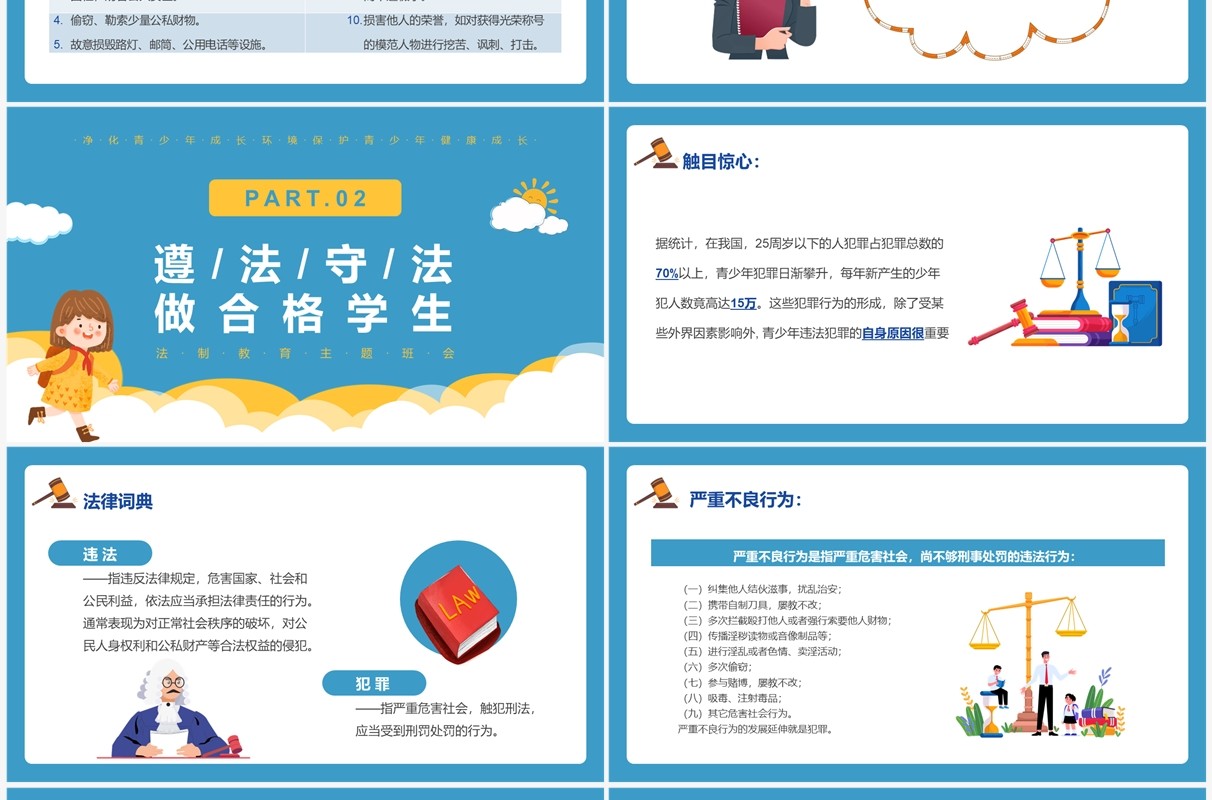 蓝色杜绝不良行为远离违法犯罪PPT模板