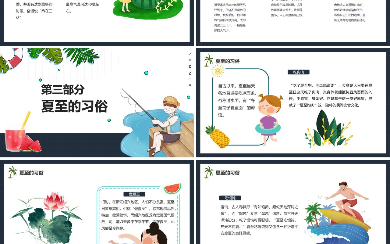简约卡通风二十四节气夏至节日介绍PPT模板