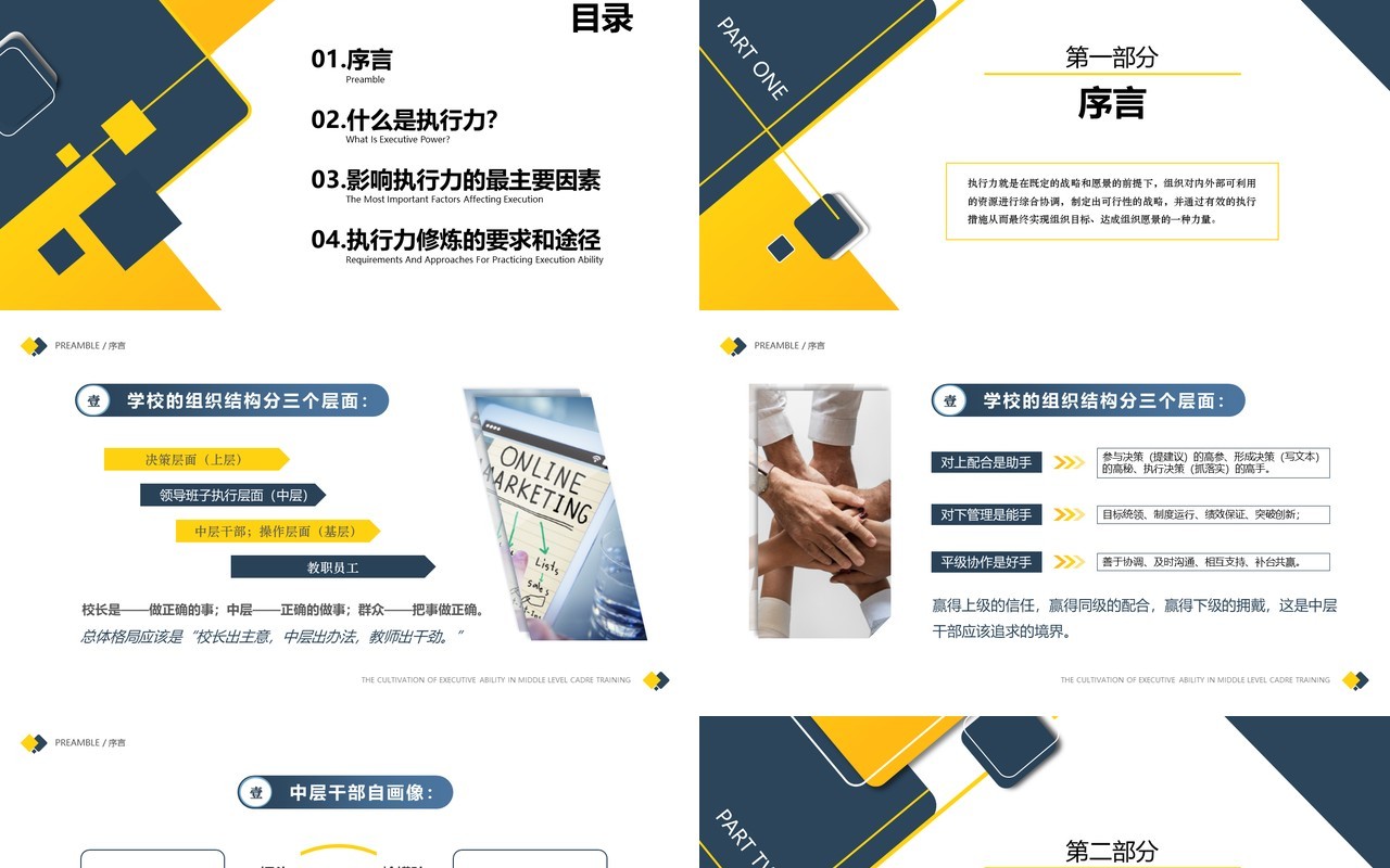蓝黄简约几何风企业中层执行力培训PPT模板