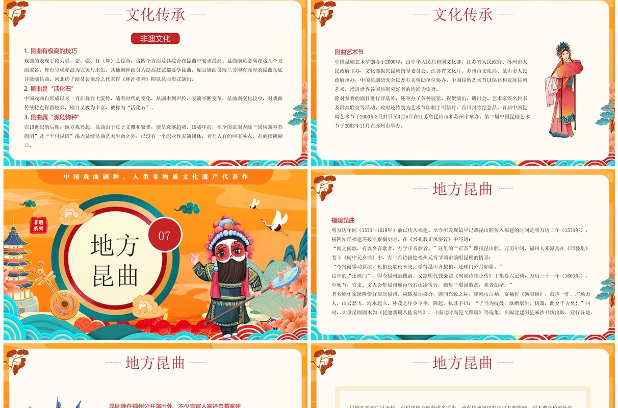 橙色国潮风非遗系列之昆曲介绍PPT模板