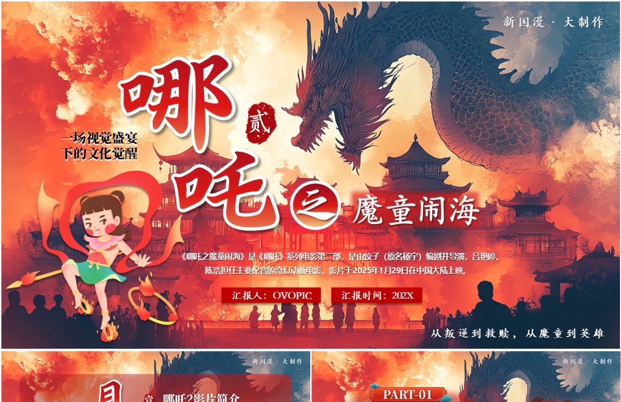 红色插画风哪吒2之魔童闹海PPT模板