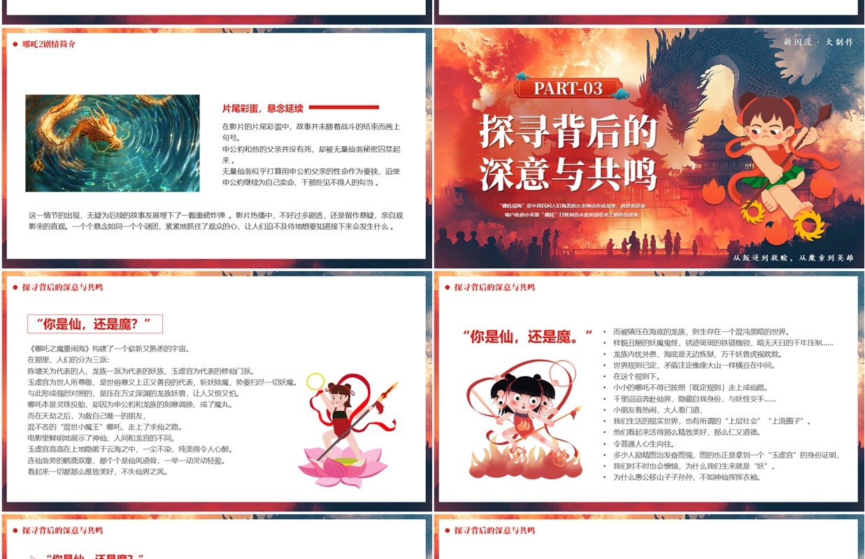 红色插画风哪吒2之魔童闹海PPT模板