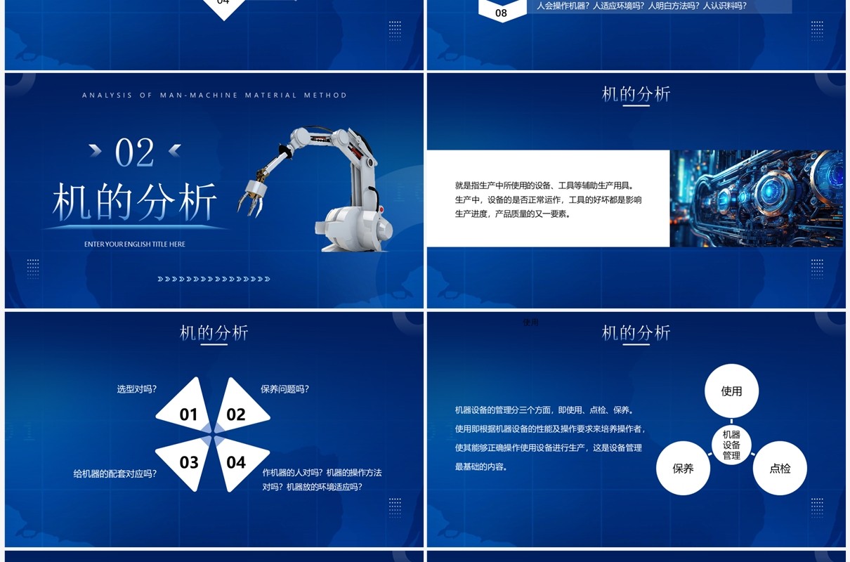 蓝色科技风人机料法环的分析PPT模板
