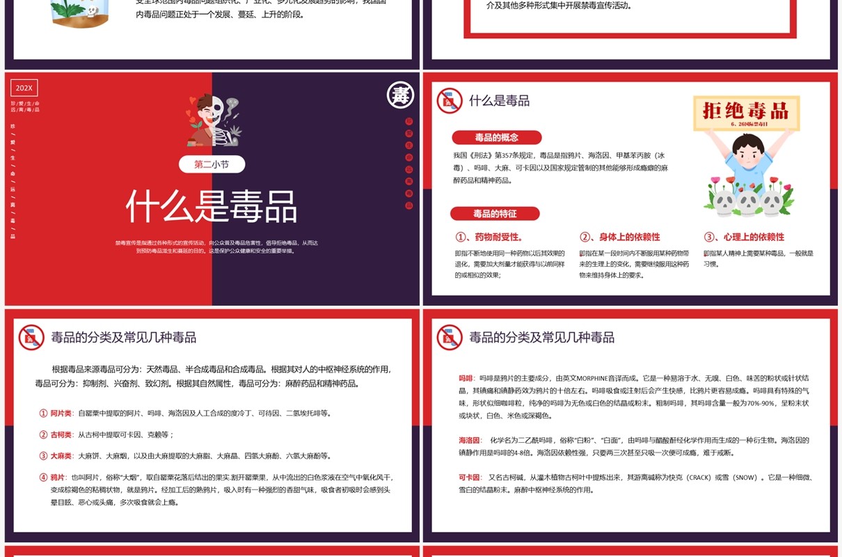 红色简约卡通风识毒防毒拒毒禁毒宣传教育PPT模板
