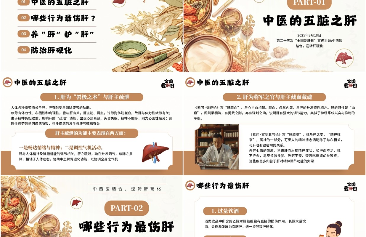 棕色中国风全国爱肝日节日宣传PPT模板