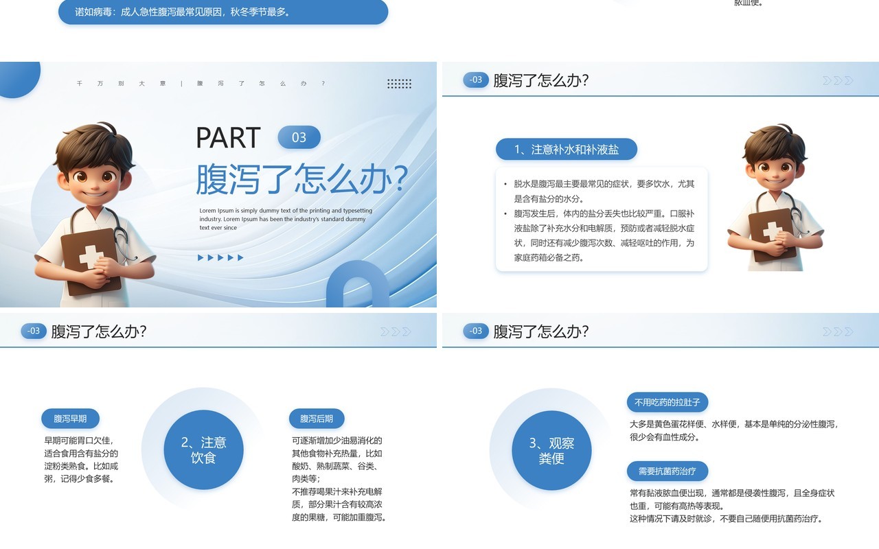 蓝色卡通风夏季腹泻治疗及预防措施PPT模板