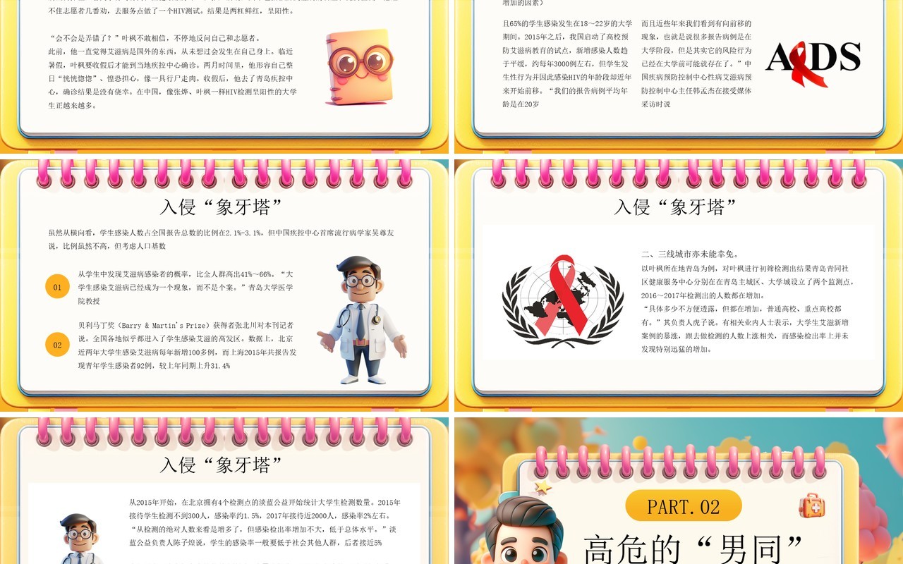 黄色立体卡通风以爱之名反对歧视世界艾滋病日PPT模板