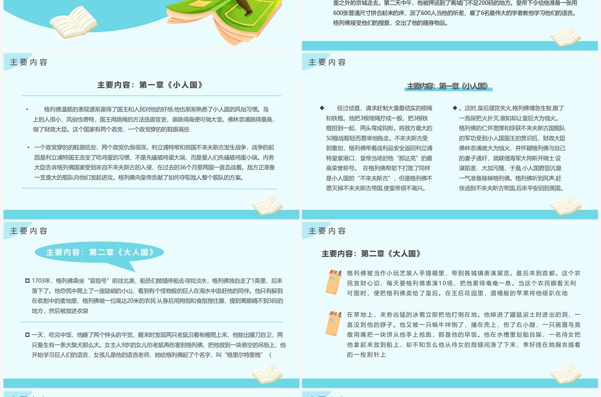 蓝色卡通风格列夫游记读书分享PPT模板