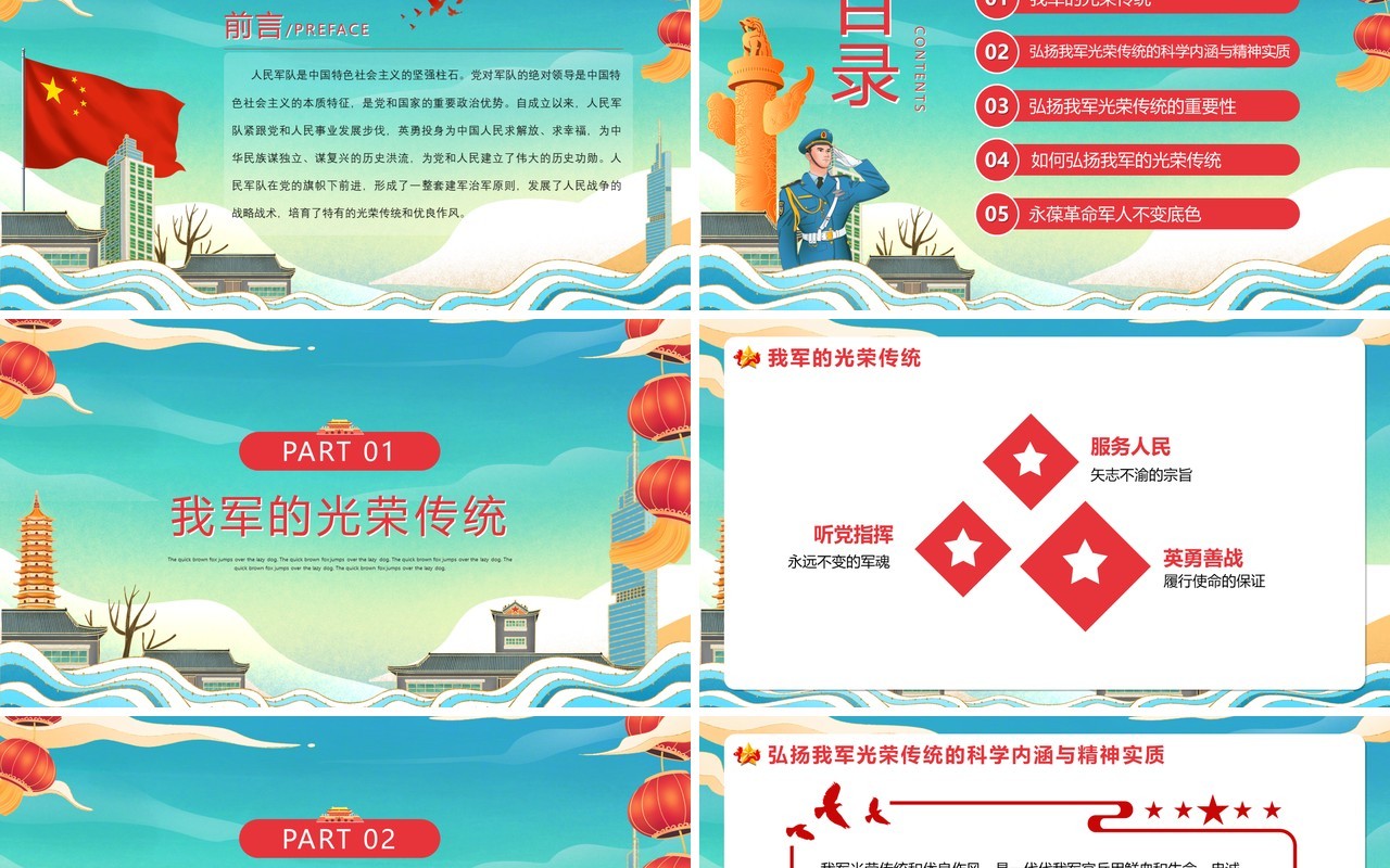 蓝色国潮风铁血军魂扬我国威PPT模板