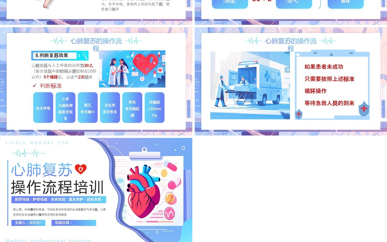 紫色扁平风心肺复苏操作流程培训PPT模板