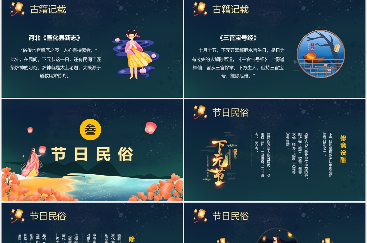 卡通中国风传统河灯祭祀下元节祭奠先祖缅怀先人PPT模板