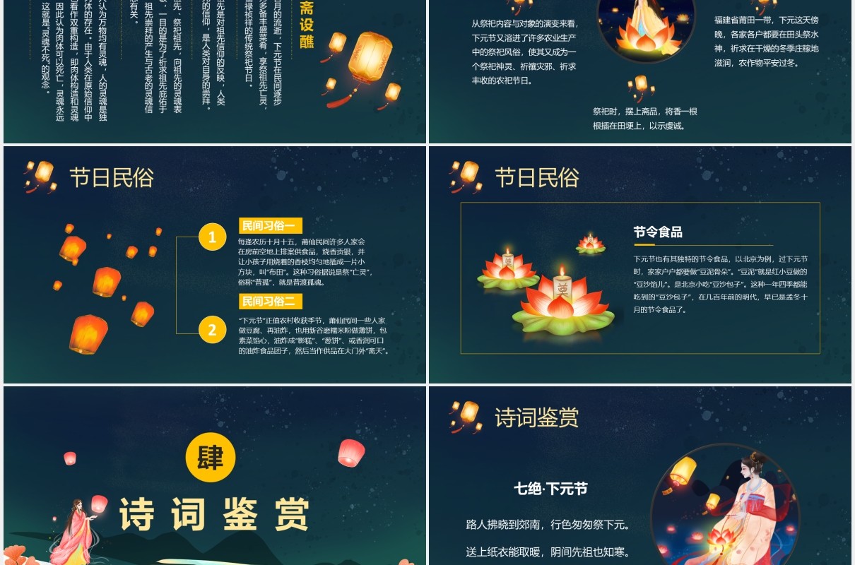 卡通中国风传统河灯祭祀下元节祭奠先祖缅怀先人PPT模板