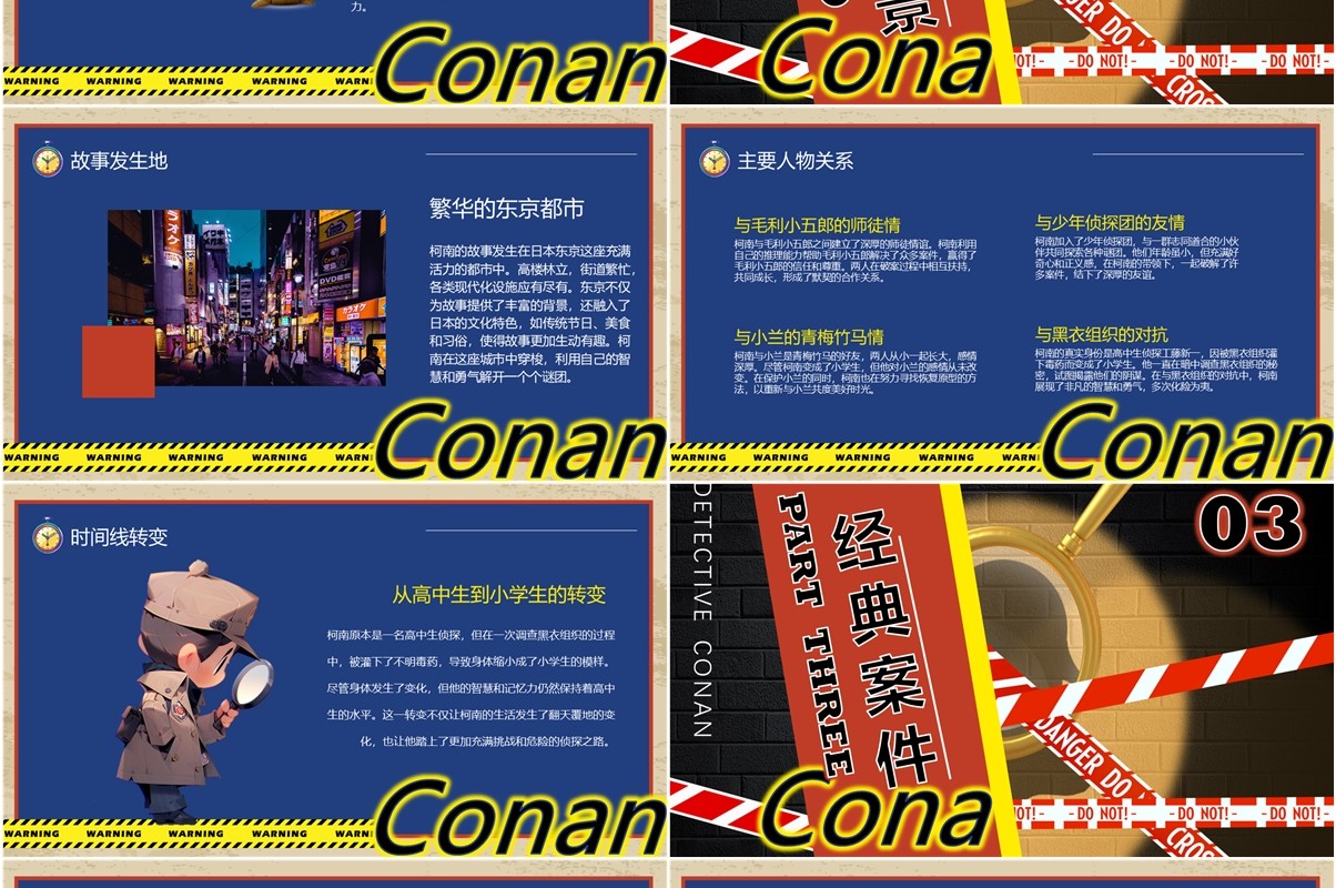 蓝色卡通风侦探柯南介绍PPT模板