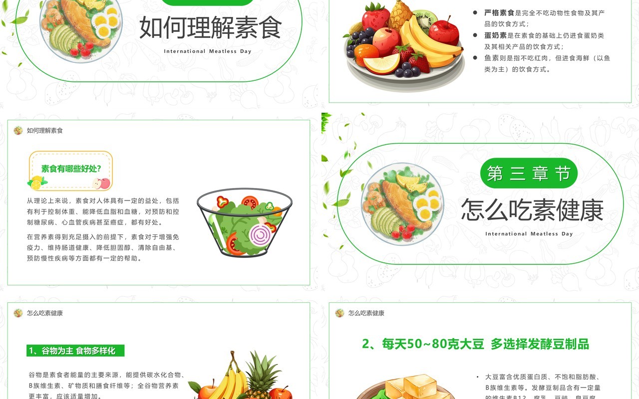 绿色卡通风国际素食日介绍PPT模板