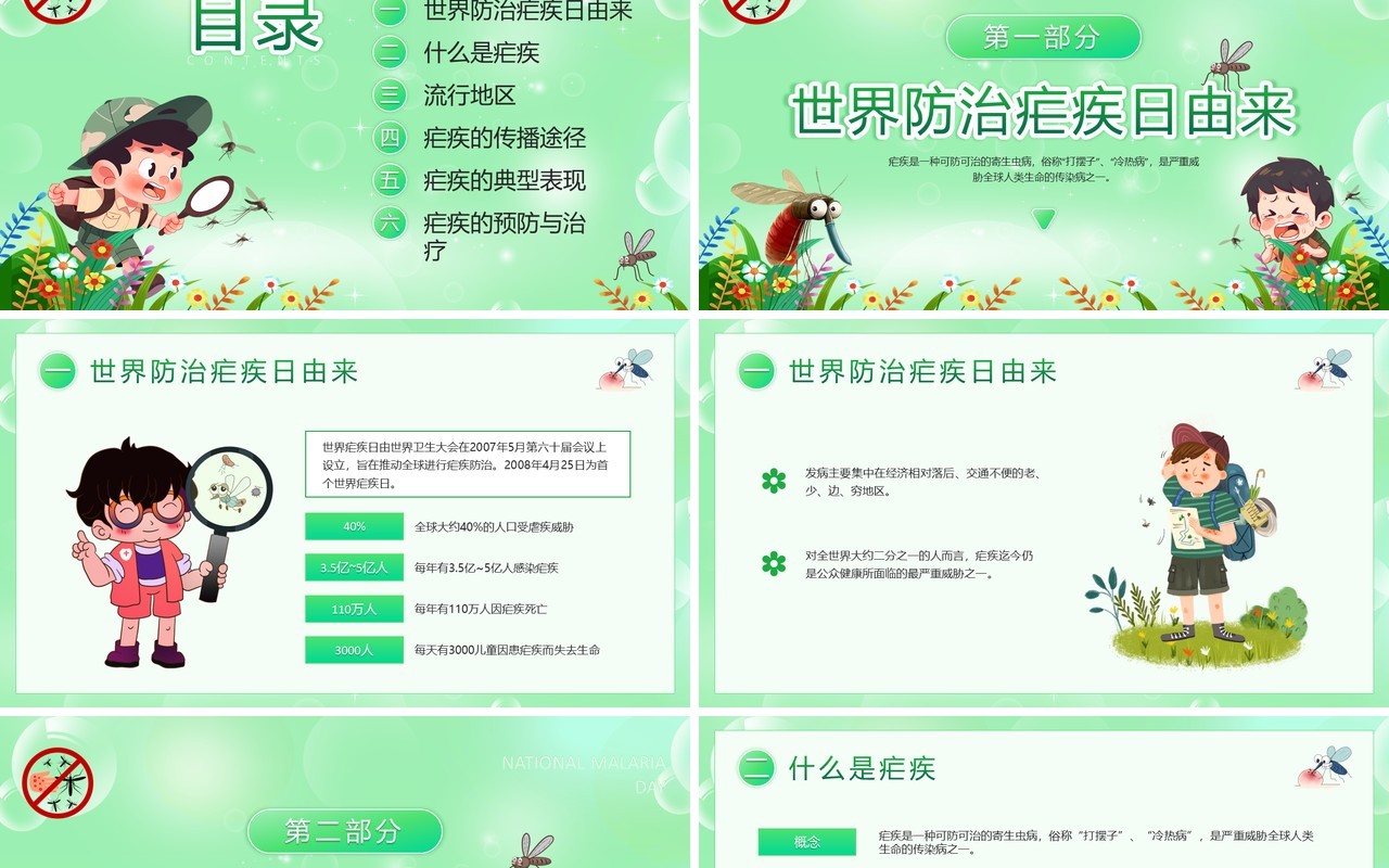 绿色卡通风全国疟疾日宣传PPT模板
