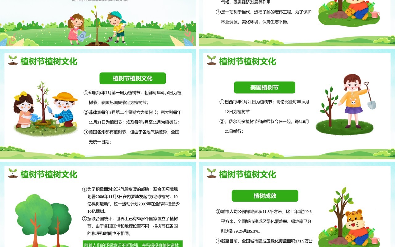 绿色卡通风植树节宣传介绍PPT模板