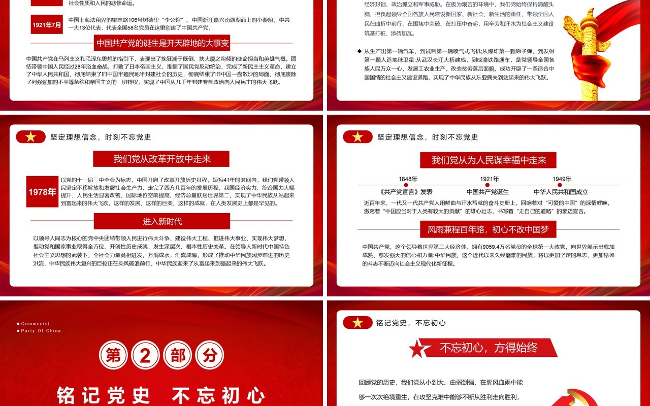 红色简约风铭记党史不忘初心PPT模板