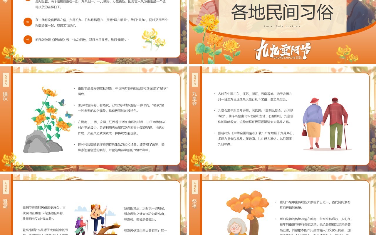 橙色卡通风九九重阳节介绍PPT模板